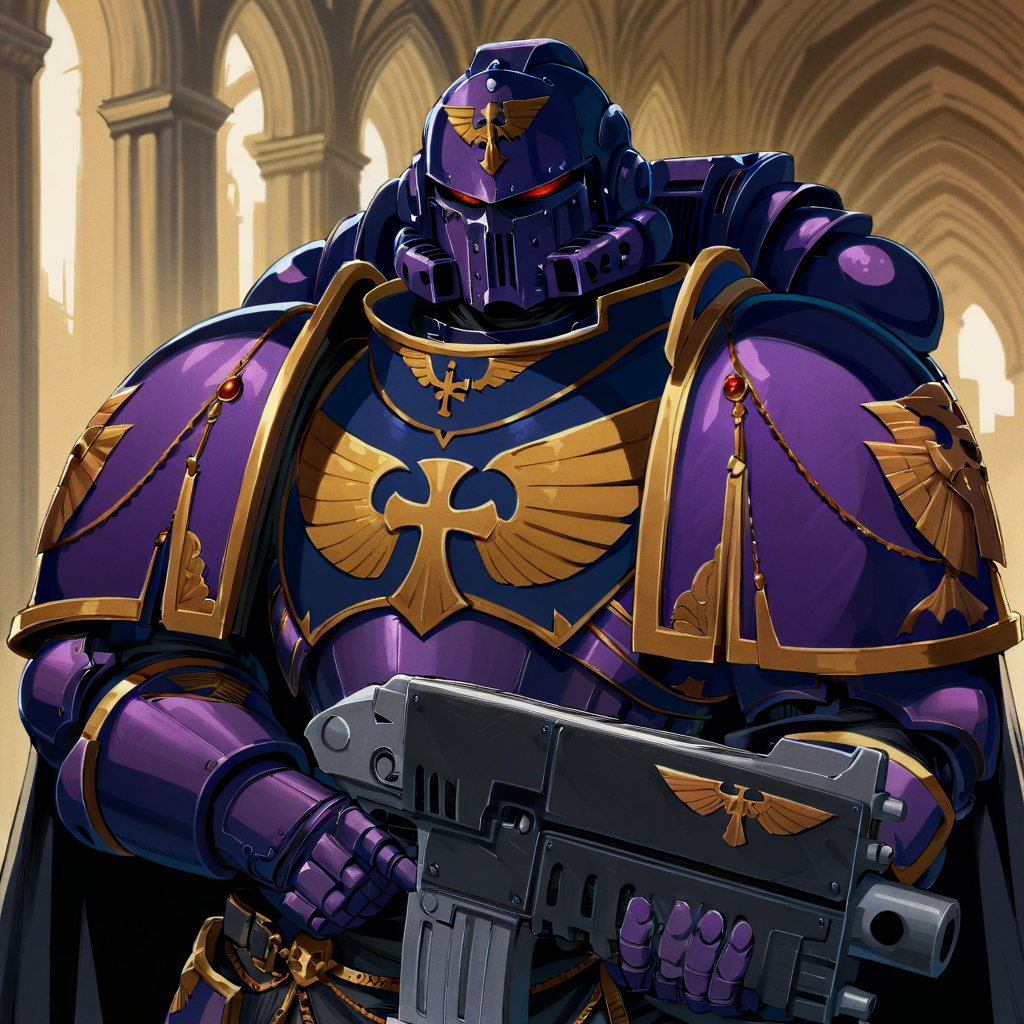 Anime Illustration, Space Marine, emperors children legion, portrait, standing. He is holding a bltgun bolter weapon. He is wearing a helmet, intricate purple armor, gold trimmings, cross detailing, tabard, torn cape, gauntlets, black fur, plate armor, full armor, panoply, gothic architecture,  background, extremely detailed, absurdres, masterpiece, cel shading
<lora:Astartes:0.8>  <lora:add-detail-xl:0.8>  <lora:Bolter_-_Warhammer_40000_SDXL:1>  <lora:Bad_Hands_lora:0.8>