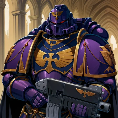Anime Illustration, Space Marine, emperors children legion, portrait, standing. He is holding a bltgun bolter weapon. He is wearing a helmet, intricate purple armor, gold trimmings, cross detailing, tabard, torn cape, gauntlets, black fur, plate armor, full armor, panoply, gothic architecture, background, extremely detailed, absurdres, masterpiece, cel shading
<lora:Astartes:0.8> <lora:add-detail-xl:0.8> <lora:Bolter_-_Warhammer_40000_SDXL:1> <lora:Bad_Hands_lora:0.8>