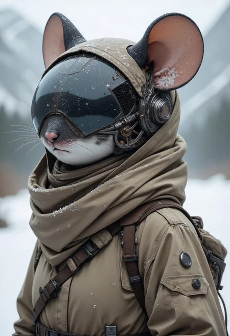 m0use_fstyle, apoclypse. The image is a high-resolution digital artwork featuring a futuristic, stylized humanoid figure with a mouse head. The subject's face is that of a mouse with black and grey fur, detailed with intricate, metallic accents and a sleek, futuristic helmet. The helmet is a blend of organic and mechanical elements, featuring a glossy, black color with a mesh pattern on the sides and a small, circular sensor on the forehead. The mouse ears are Large and round and covered in a fine layer of snow, suggesting a cold, wintry environment. The figure is dressed in a rugged, earth-toned, military-style outfit, including a beige, high-collared coat and a matching scarf wrapped around the neck. The clothing is detailed with various pouches, straps, and buckles, indicating it's designed for combat or survival in harsh environments. The texture of the coat appears to be a rough, durable fabric, possibly canvas or a similar material. In the background, the image is a blurred, snowy landscape with indistinct, muted colors, indicating a cold, possibly mountainous setting. The overall aesthetic combines elements of cyberpunk and steampunk, blending futuristic technology with a natural, wintry environment.
