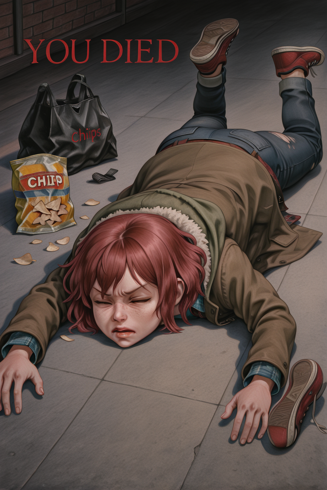 top down, from above, dreampainting, traditional media, realistic, (defeat, ><, you died:1.3),  1girl, solo, red hair, short hair, freckles, lips, parted lips, nose, shirt, blue shirt, plaid shirt, collared shirt, jacket, coat, hood, hood down, fur trim, open clothes, plaid, belt, jeans, denim, pants, torn pants, torn jeans, torn clothes, sneakers, shoes, red footwear, looking down, laying down face down, laying down on stomach, bag of chips, torn bag of chips, <lora:you_died:1.2>, <lora:Dream Painting [LoRA] - NoobAI-XL EPS 1.0:0.7>, <lora:Test:0.7>