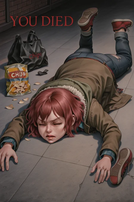 top down, from above, dreampainting, traditional media, realistic, (defeat, ><, you died:1.3),  1girl, solo, red hair, short hair, freckles, lips, parted lips, nose, shirt, blue shirt, plaid shirt, collared shirt, jacket, coat, hood, hood down, fur trim, open clothes, plaid, belt, jeans, denim, pants, torn pants, torn jeans, torn clothes, sneakers, shoes, red footwear, looking down, laying down face down, laying down on stomach, bag of chips, torn bag of chips, <lora:you_died:1.2>, <lora:Dream Painting [LoRA] - NoobAI-XL EPS 1.0:0.7>, <lora:Test:0.7>
