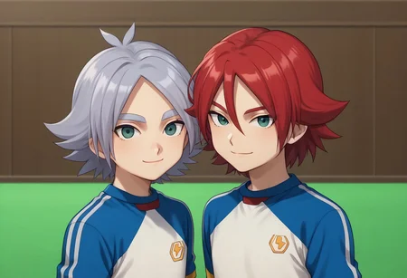 score_9, score_8_up, score_7_up, source_anime, highly detailed, 2boys,
fubuki, 1boy, male focus, grey hair, parted bangs, grey eyes, BREAK
hiroto, 1boy, male focus, red hair, hair between eyes, green eyes, BREAK
upper body, smile, slender, skinny, closed mouth, posing for a photo, looking at viewer,
soccer uniform, raimon,
outdoor,