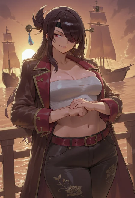masterpiece,,best quality, hyper-detailed,uhd,1girl,solo,beidou,bandaged breasts,smirk.looking to the side,fist in hand,,pants,,red belt,sea,sun,on pirate ship,cowboy shot,small breasts.eye patch,alternate costume,upper body.,pirate open jacket,long jacket,hair over one eye.floral print on pants,mischievous,parted lips