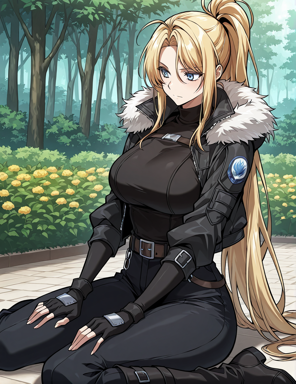 <lora:Kiri_Frodmain Illustrious:1>
1 girl, solo, blue eyes, blonde hair, long hair, ponytail, bangs, large breasts
fingerless gloves, black cloves, black jacket, fur-trimmed jacket, black pants, fur trim, turtleneck, belt
score_9, score_8_up, score_7_up, masterpiece, best quality, absurdres, perfect anatomy, 1girl, solo, wariza, sitting, hands on own knees, garden background