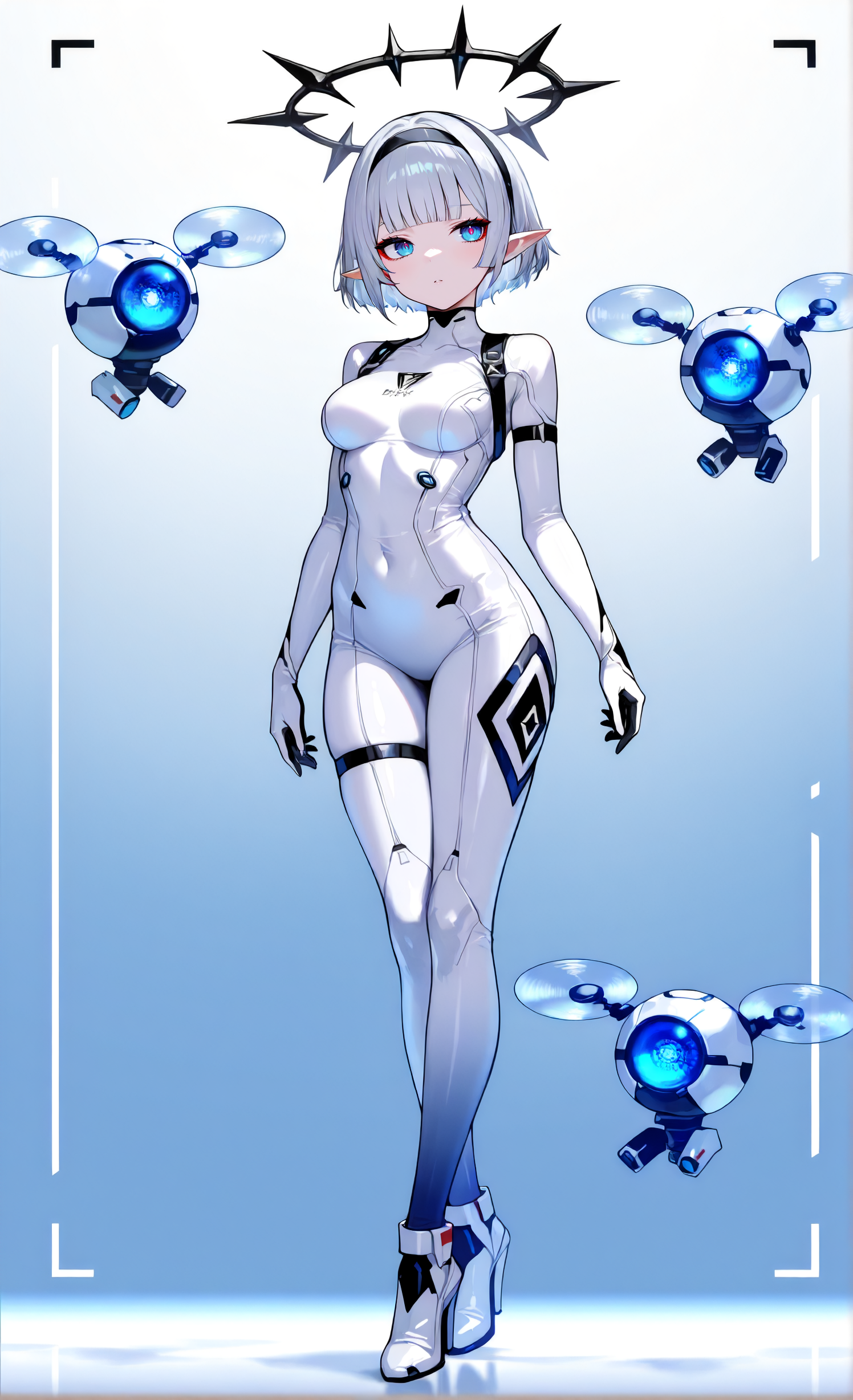 masterpiece, sharp detail, intricate detail, 1girl, pointy ears, gradient blue eyes, detailed eyes, short hair, silver hair, black hairband, medium breasts, white bodysuit,  white high heels, blunt bangs, full body, red eyeliner,  <lora:Improved Anime Drones:1> drone,