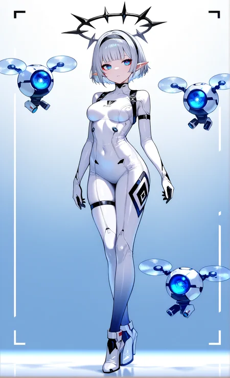 masterpiece, sharp detail, intricate detail, 1girl, pointy ears, gradient blue eyes, detailed eyes, short hair, silver hair, black hairband, medium breasts, white bodysuit, white high heels, blunt bangs, full body, red eyeliner, <lora:Improved Anime Drones:1> drone,
