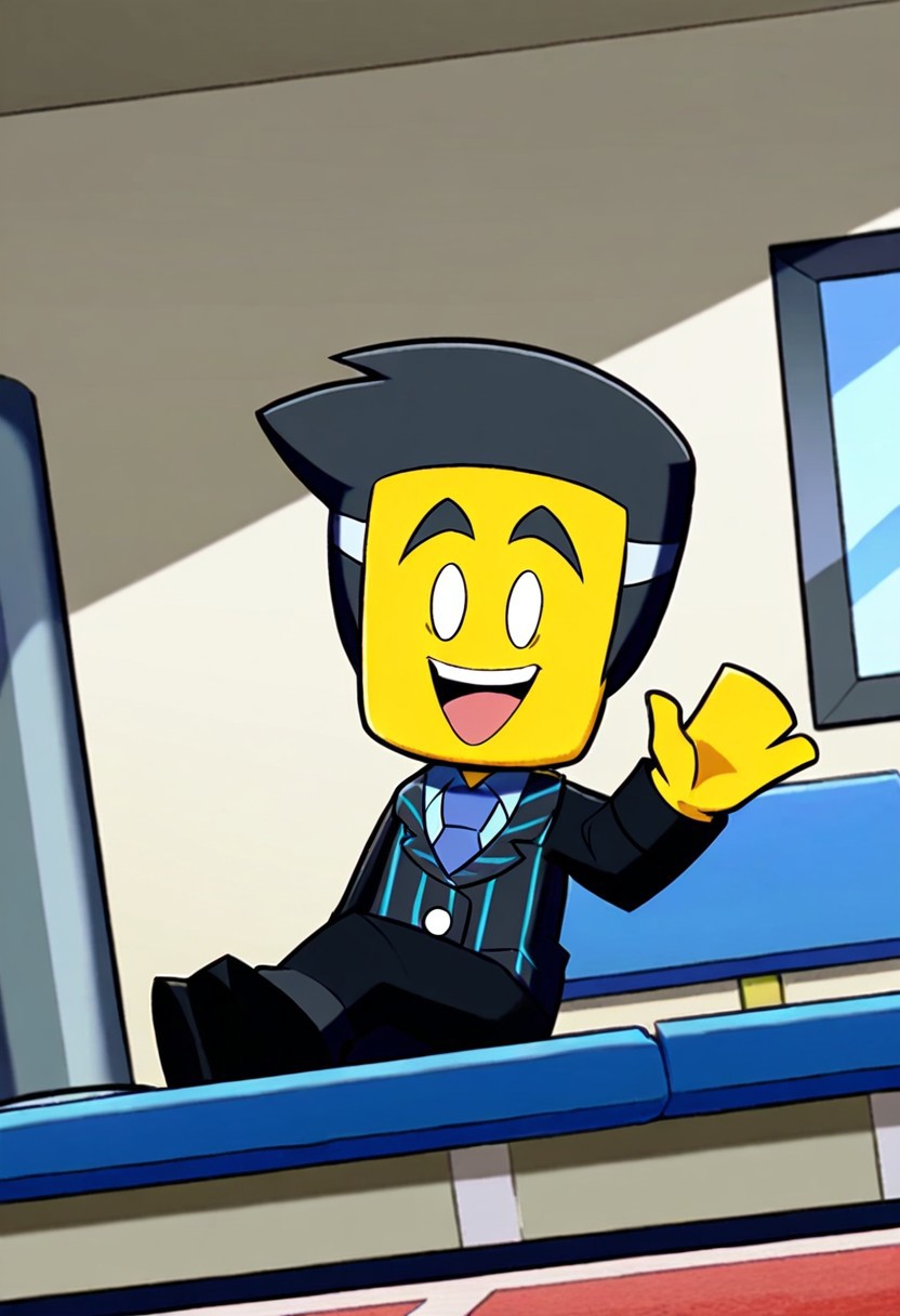 Mystic Mayor, Light blue shirt underneath, No pupils, Pure white eyes, Silver gray hair streaked with horizontal band of light blue, Yellow skin, black suit with blue stripes on the lounge jacket and the lapels, open mouth, waving hand, sitting, looking at viewer, smile, 1boy, solo