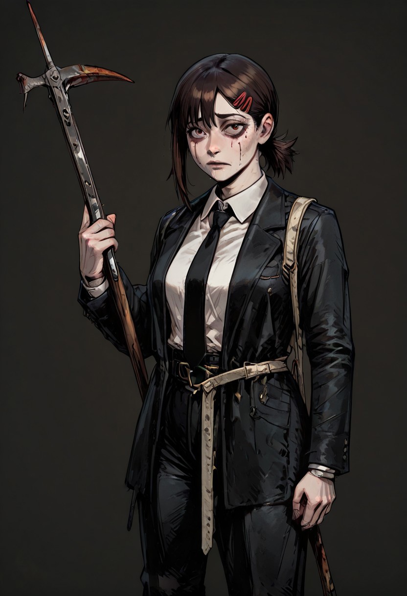 masterpiece, best quality, newest, absurdres, highres, TTCSV1.0, BDCV1.0, weapon, polearm, bec de corbin, holding weapon, holding polearm, holding, 1girl, higashiyama kobeni \(chainsaw_man\), brown hair, collared shirt, black necktie, black jacket,