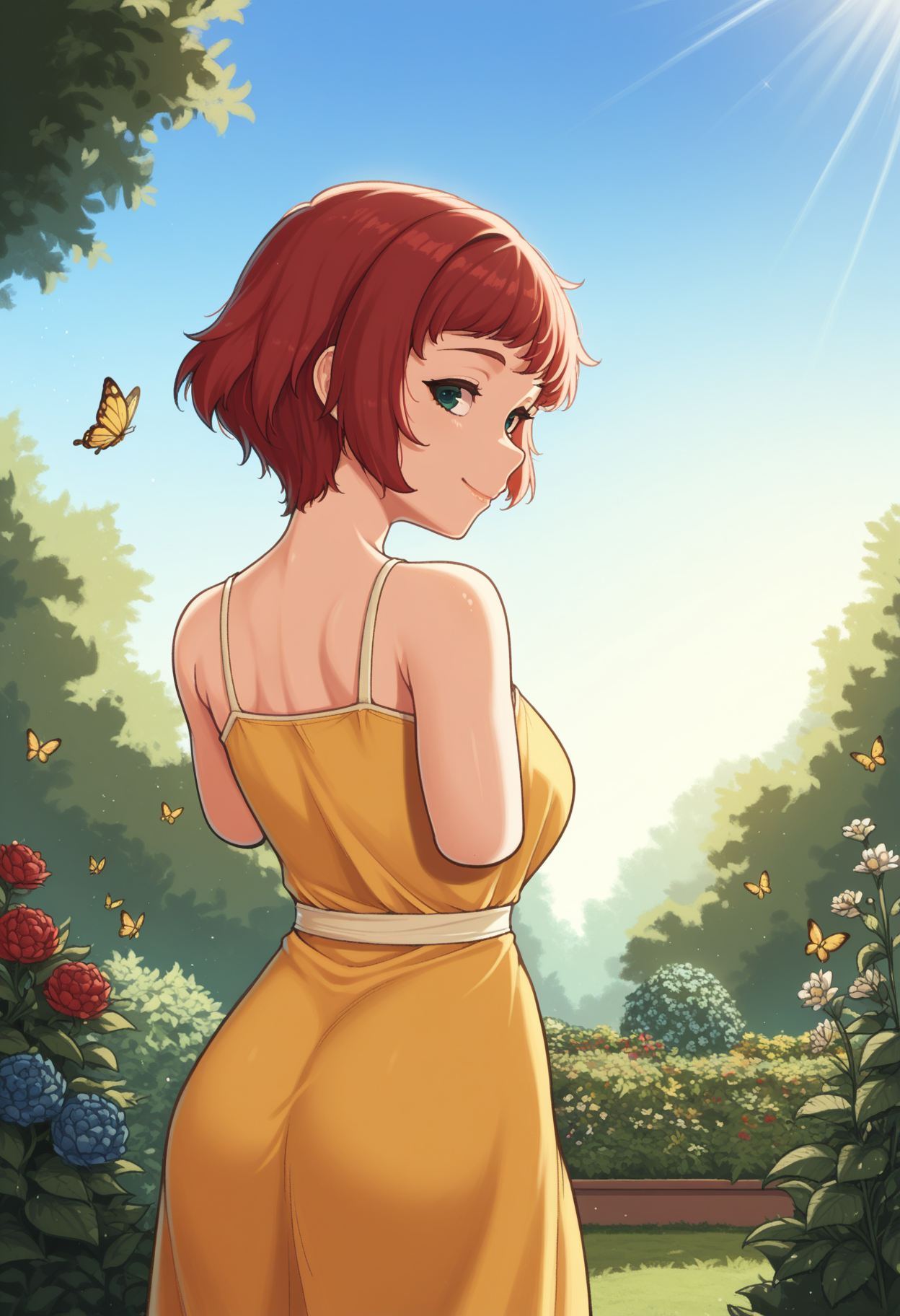 masterpiece, best quality,  <lora:NSRinKatawa:1> NSRinMisc, armless amputee, red hair, short hair, green eyes, yellow sundress, from behind, looking back, smile, garden, outdoors, sun rays, butterflies, blue sky