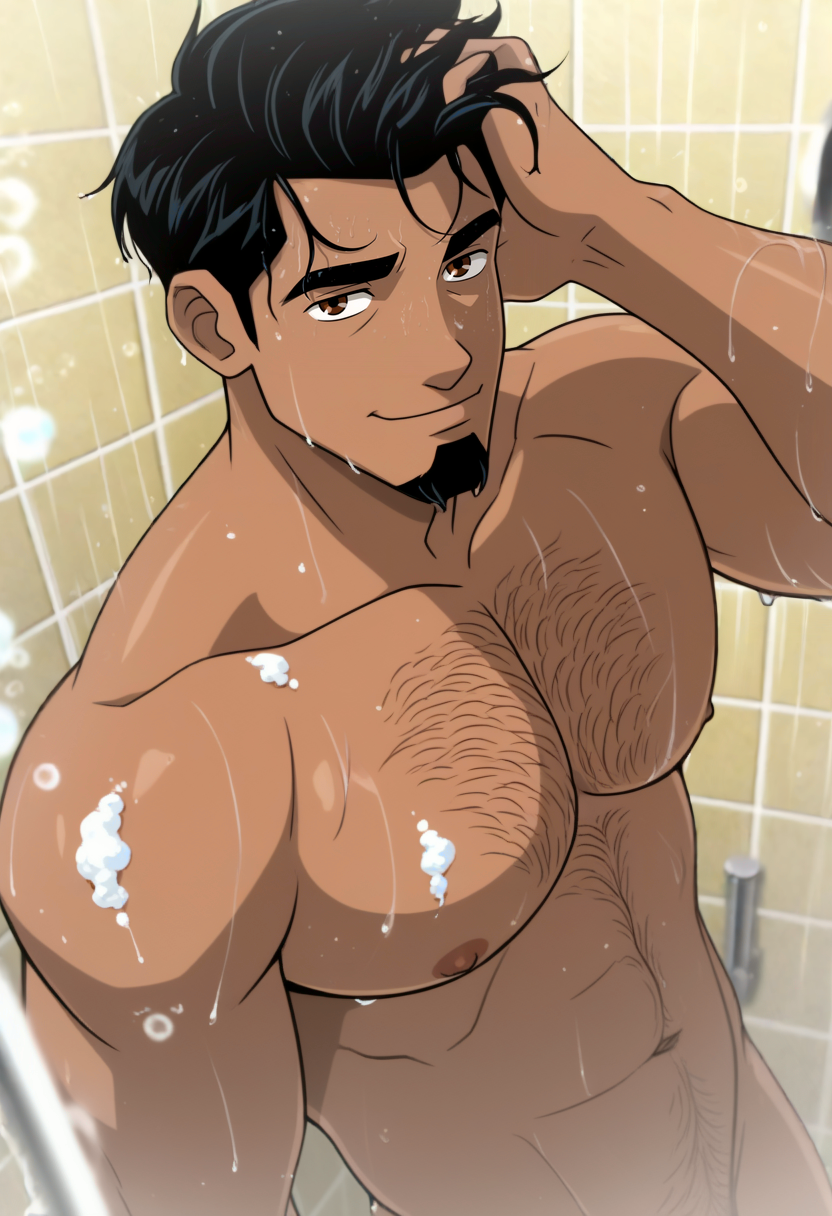 masterpiece,best quality,(anime screencap:0.7),
1boy,manly,
<lora:caesar_salazar_NAI_EPS_1_0_CAME_v1_rev2:1>,
c43s4r5,black hair,short hair,brown eyes,thick eyebrows,dark skin,
completely nude,alternate hairstyle,shower \(place\),tile wall,hand in own hair,looking at viewer,seductive smile,
hairy,chest hair,(navel hair:0.6),wet,(shiny skin:0.7),soap bubbles,goatee,
depth of field,âââ,âââ