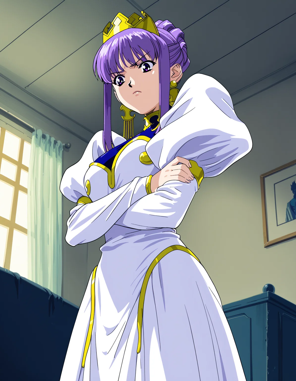score_9,  score_8_up, score_7_up 1girl, solo, julietta, purple eyes, crown, white dress, puffy sleeves,
crossed arms, upset, from below, messy room, bedroom,
<lora:julietta-ponyxl-000053:0.75> retro artstyle