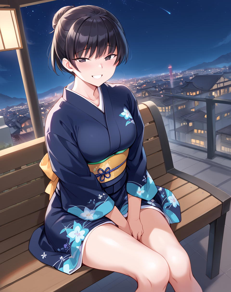 tsukahasa_hibiki, black hair, short hair, black eyes, hairbun, japanese clothes, kimono , BREAK outdoors, city, night, starry sky, BREAK sitted, sit on bench, hands on lap, smile, blush, looking at viewer BREAK score_9, score_8_up, score_7_up, source_anime ,zPDXL,  <lora:Tsukahasa_Hibiki:0.8>