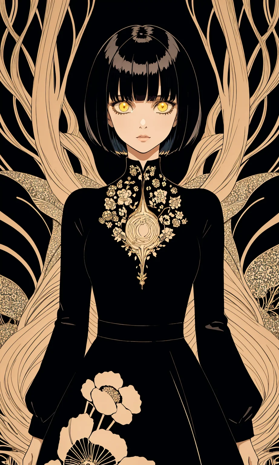Mysterious woman with a sleek black bob haircut, wearing an elegant black dress with intricate patterns, standing against a golden background with surreal elements, ethereal lighting, detailed and high contrast, digital art, glowing patterns, abstract floral designs, intense gaze
