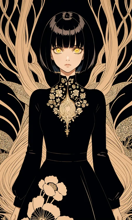 Mysterious woman with a sleek black bob haircut, wearing an elegant black dress with intricate patterns, standing against a golden background with surreal elements, ethereal lighting, detailed and high contrast, digital art, glowing patterns, abstract floral designs, intense gaze