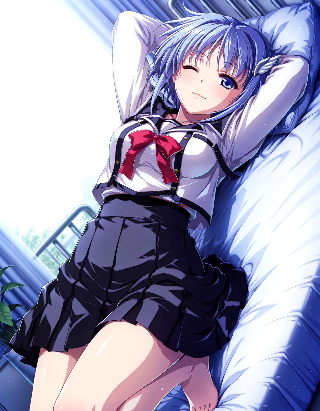 (1girl, solo:1.3), (2girls, 3girls, 4girls, multiple girls, 2boys, 3boys, 4boys, multiple boys:-1.5) <lora:Kajio_Honoka_Denshanai_de_Now_Illustrious:0.9>, kajio_honoka, medium breasts, blue eyes, blue hair, short hair, bangs, sidelocks, hair ornament, school uniform, serafuku, red ribbon, black skirt, pleated skirt, light smile, one eye closed, general, contrapposto, dynamic pose, arms behind head, portrait, from behind, from below, dutch angle, indoors, infirmary, clean, (white theme:1.3), bed sheet, pillow, head on pillow, on bed, lying, on back, wide window, outdoor view, curtains, plant, potted plant, (perspective:0.7), barefoot, <lora:NOOB_EPSv1_1_detailer_by_vlnvk_v1_0:1.5>, (photo background:0.7), day, (tachibana yuu:0.6), inue shinsuke, (kazuma muramasa:0.0), saikawa yusa, (aoi manabu:0.6), abarerumidori, (suzui narumi:0.6), masterpiece, newest, absurdres, 8K, anime screenshot, anime coloring, flat color, official art, film grain, <lora:illustriousXLv01_stabilizer_v1.185c:0.7>, <lora:LECO_Solo:-4.0>,