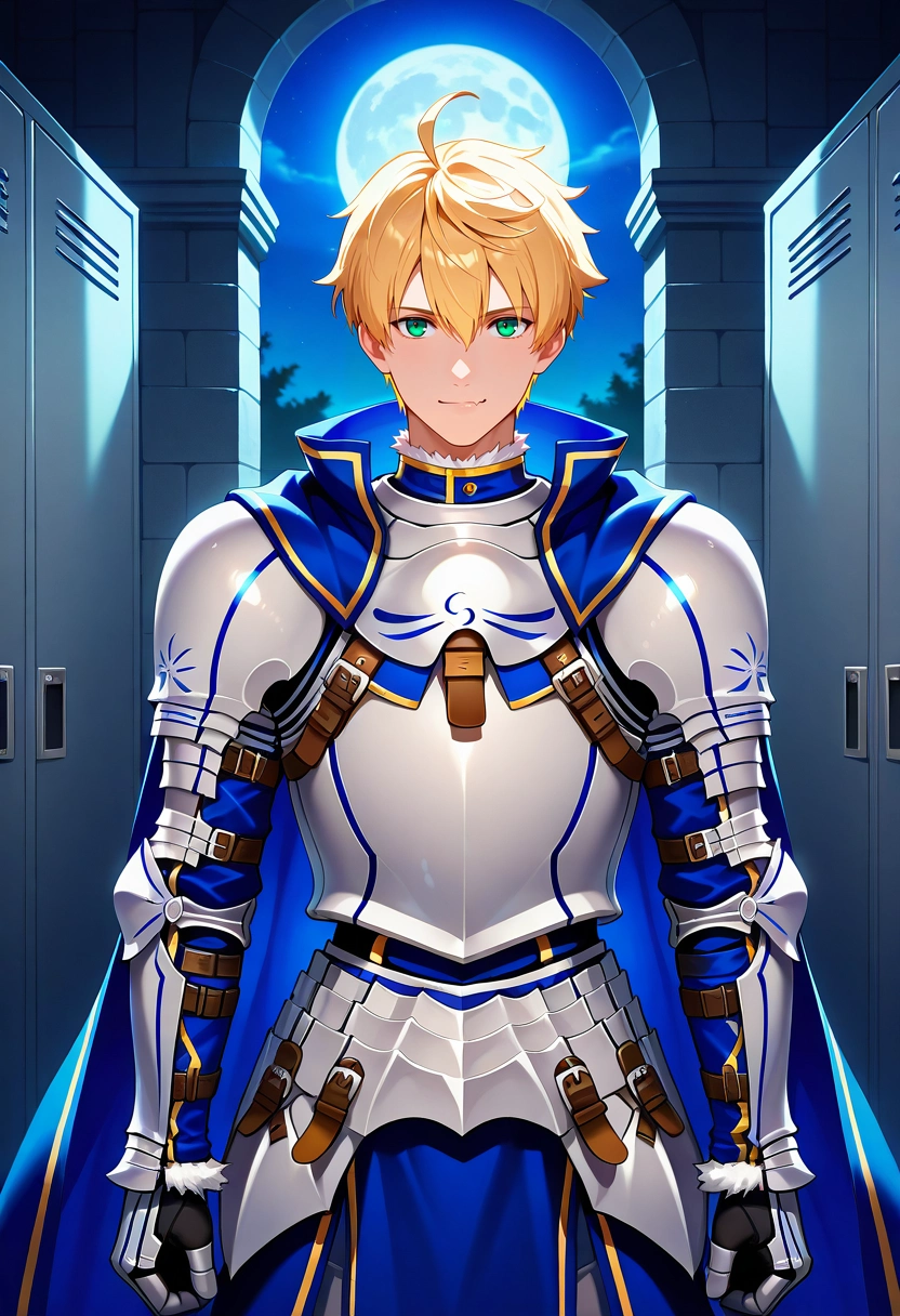 masterpiece, best quality, , (photorealistic:0.6), , 1boy, solo, male focus, <lora:arthur_pendragon_fate_ilxl:1>, arthur_pendragon_fate, blonde hair, green eyes, short hair, ahoge, hair between eyes, bangs, armor, breastplate, gauntlets, pauldrons, shoulder armor, blue cape, , symmetry, locker room, night, full moon, standing, skin fang, button-up shirt,