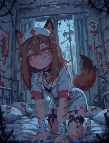 Sfw, safe_pos, highest quality, masterpiece, intricate details, highly detailed, nurse, seductive smile, all fours, infirmary, abandoned, barbed wire, horror \(theme\), dirty, 1 boy, solo, otoko no ko, flat chest, pectorals, brown fox ears, long hair, long bangs, brown hair, fox tail, nine tails, masculine eyes, masculine face:0.8, average physique, tall, yandere, smirk, chiaroscuro, very awa, t4kar4i_illu, no_outlines,no lineart, vanripper:0.2,