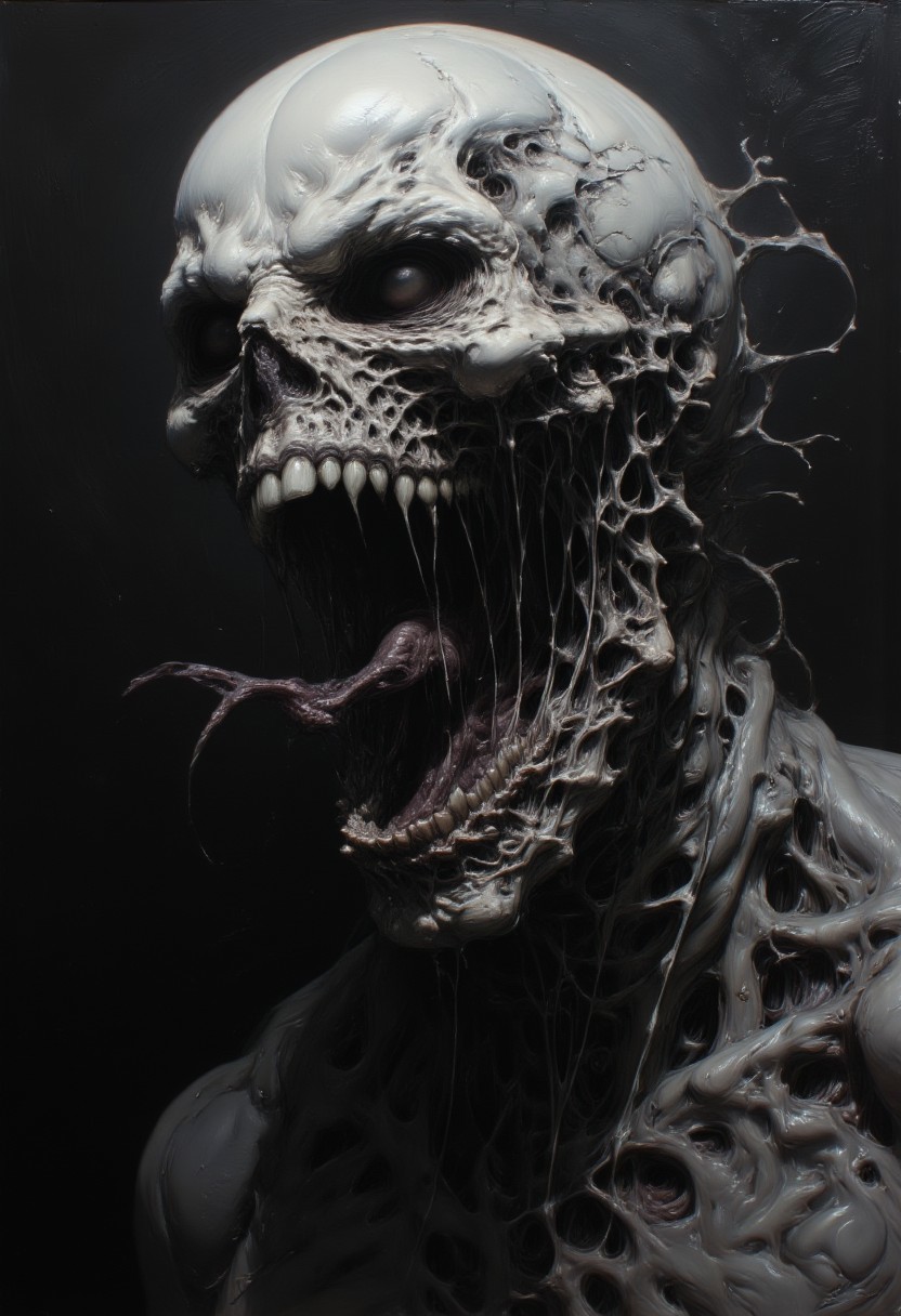 highly detailed oil painting of a skeletal skull with a grotesque, open-mouthed scream, exuding dark, smoky tendrils. The skull, rendered in shades of gray and black, appears to be disintegrating and his eyes are glowing in agony. The background is a muted black, enhancing the horrifying and eerie atmosphere. The image is a close-up, capturing the skull from the side and below angle.