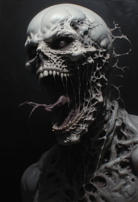 highly detailed oil painting of a skeletal skull with a grotesque, open-mouthed scream, exuding dark, smoky tendrils. The skull, rendered in shades of gray and black, appears to be disintegrating and his eyes are glowing in agony. The background is a muted black, enhancing the horrifying and eerie atmosphere. The image is a close-up, capturing the skull from the side and below angle.