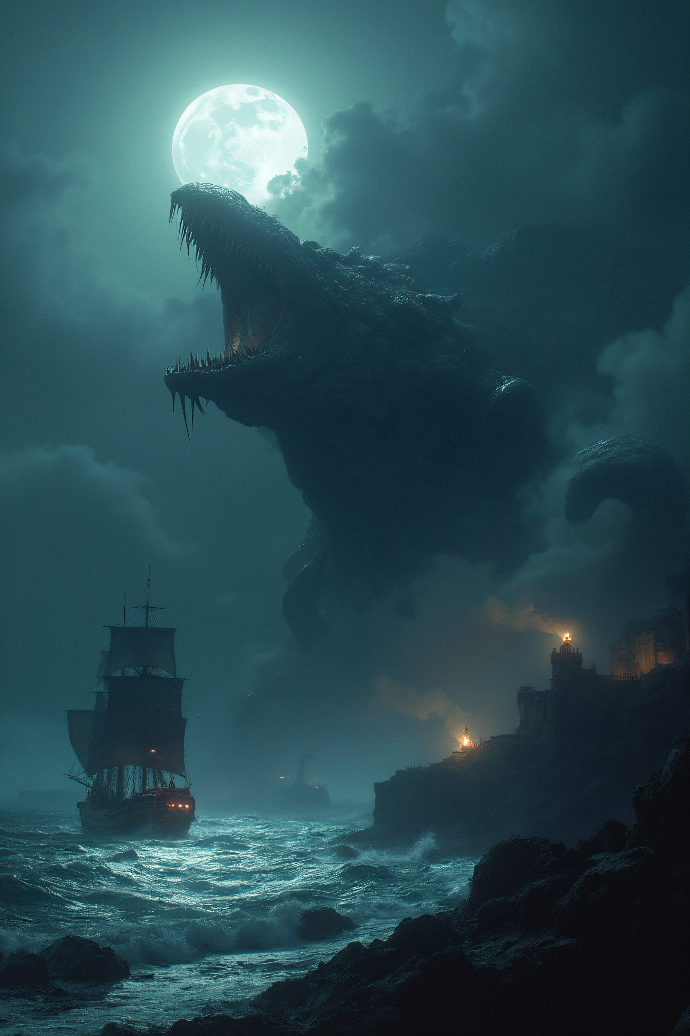(Best Quality, 8K, Masterpiece, Ultra HD: 1.3, Huge detail, hyper realistic, epic scale, insane level of details), ((kraken with dragon's head)), (kraken attacks pirate carrack), remains of a shipwreck, night, very big moon, lighthouse, beam of light from the lighthouse, tense atmosphere