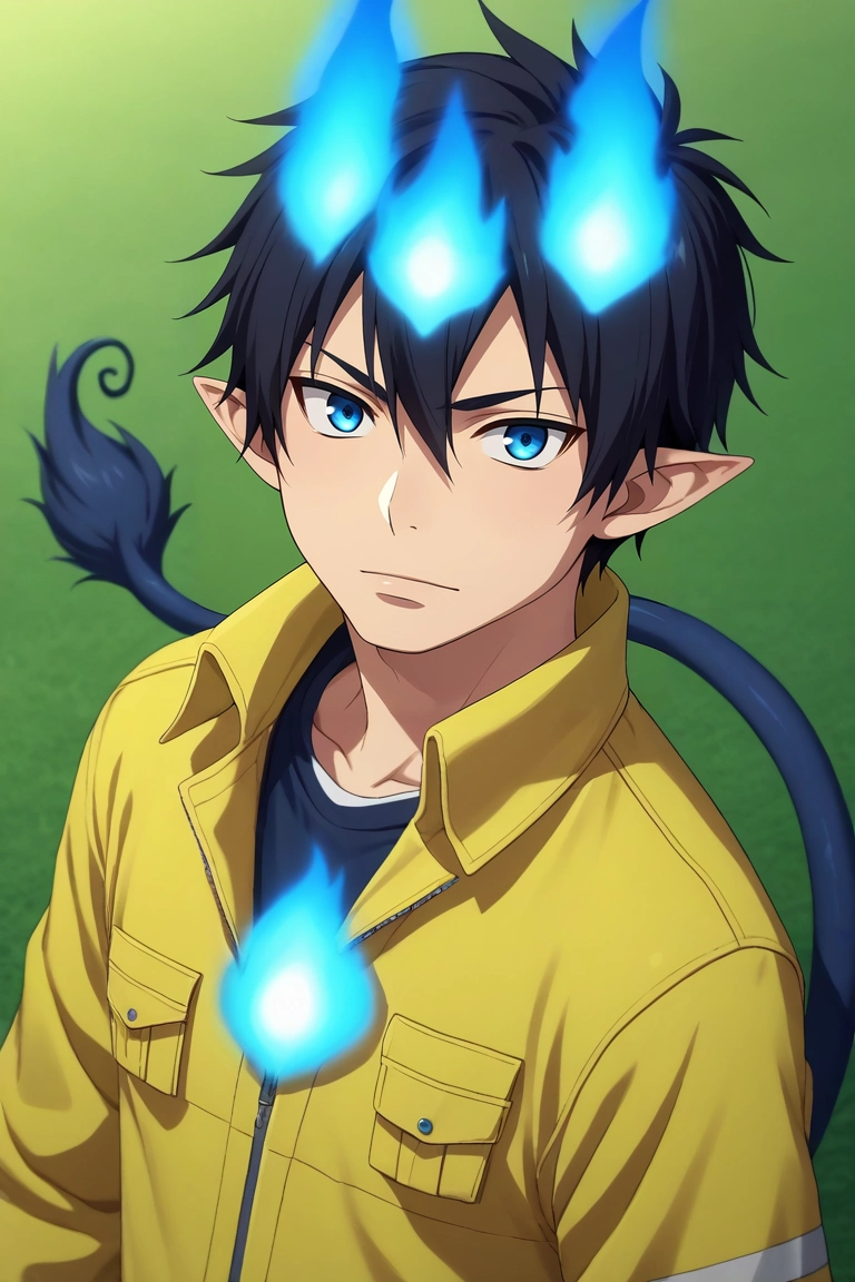 score_9, score_8_up, score_7_up, source_anime, rating_safe, , (3d:0.4), looking at viewer, depth of field, 1boy, solo, male focus, <lora:rin_okumura_pony:0.82>, rin_okumura, black hair, blue eyes, short hair, hair between eyes, pointy ears, tail, blue fire, , firefighter costume, <lora:sdxl_lightning_8step_lora:1>