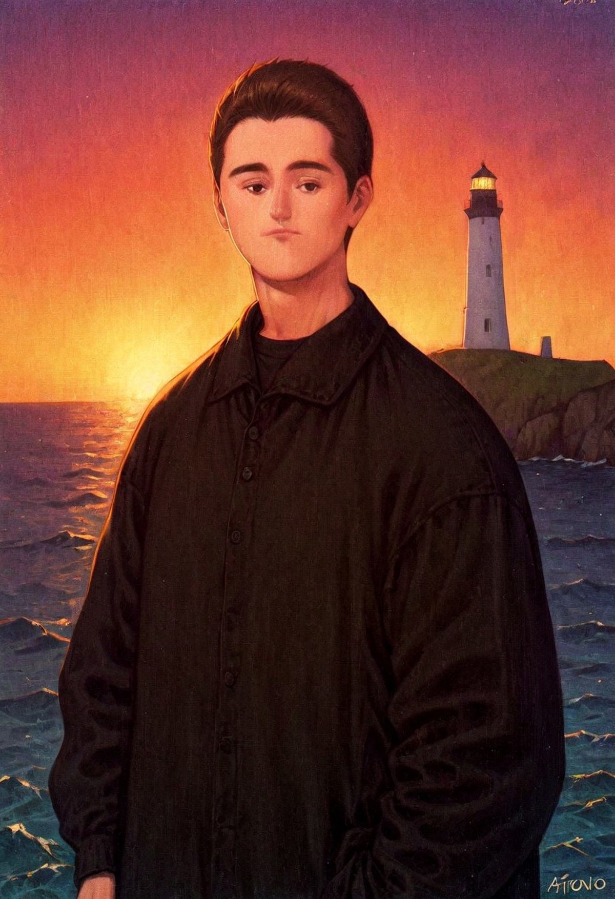 old man near the lighthouse, looking at viewer, 1boy, sunset, sentimental, by Antonio Bueno, art modern