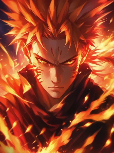 1boy, male_focus, solo, fireplace, spiked_hair,burning, embers, explosion, fiery_hair, fire, <lora:niniv2:0.7>