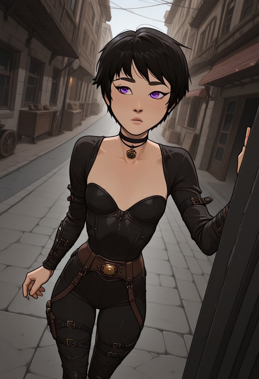 masterpiece,best quality,amazing quality,newest, absurdres, highres, detailed eyes, beautiful, perfect eyes, finely detailed face, very aesthetic, anime coloring, anime screencap, incoth, (incase:0.6),
1girl,  
KimmyDKov, short hair, black hair, purple eyes, slim, small breasts, 
black choker, steampunk clothes,  
walking on the street, dynamic pose, dutch angle,
steampunk street, shops,