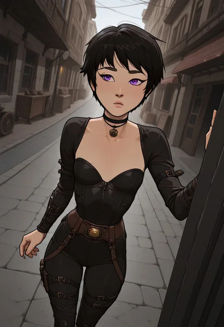 masterpiece,best quality,amazing quality,newest, absurdres, highres, detailed eyes, beautiful, perfect eyes, finely detailed face, very aesthetic, anime coloring, anime screencap, incoth, (incase:0.6),
1girl,
KimmyDKov, short hair, black hair, purple eyes, slim, small breasts,
black choker, steampunk clothes,
walking on the street, dynamic pose, dutch angle,
steampunk street, shops,
