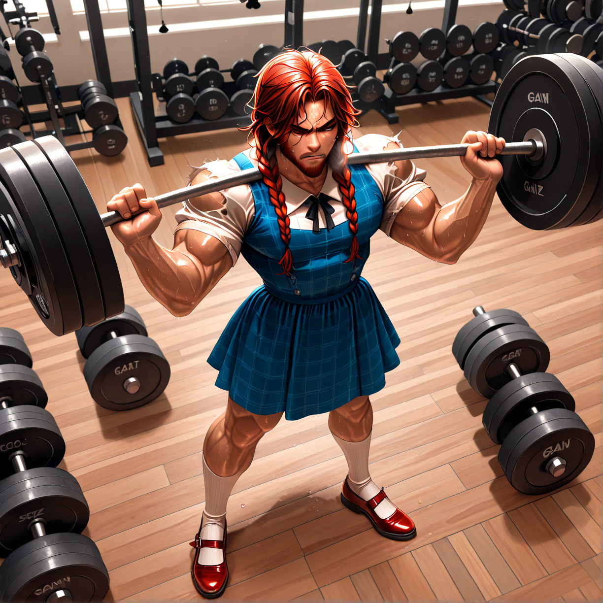 masterpiece, best quality, absurdres,
WSwolethy, scowl, strained, sweating, breathing_heavy, brown_beard, weightlifting, holding barbell,
gainz socks, gainz shoes, blue dress, gainz shirt, barbell, torn sleeves,
from front, wide shot,
gym, wooden floor, weights,