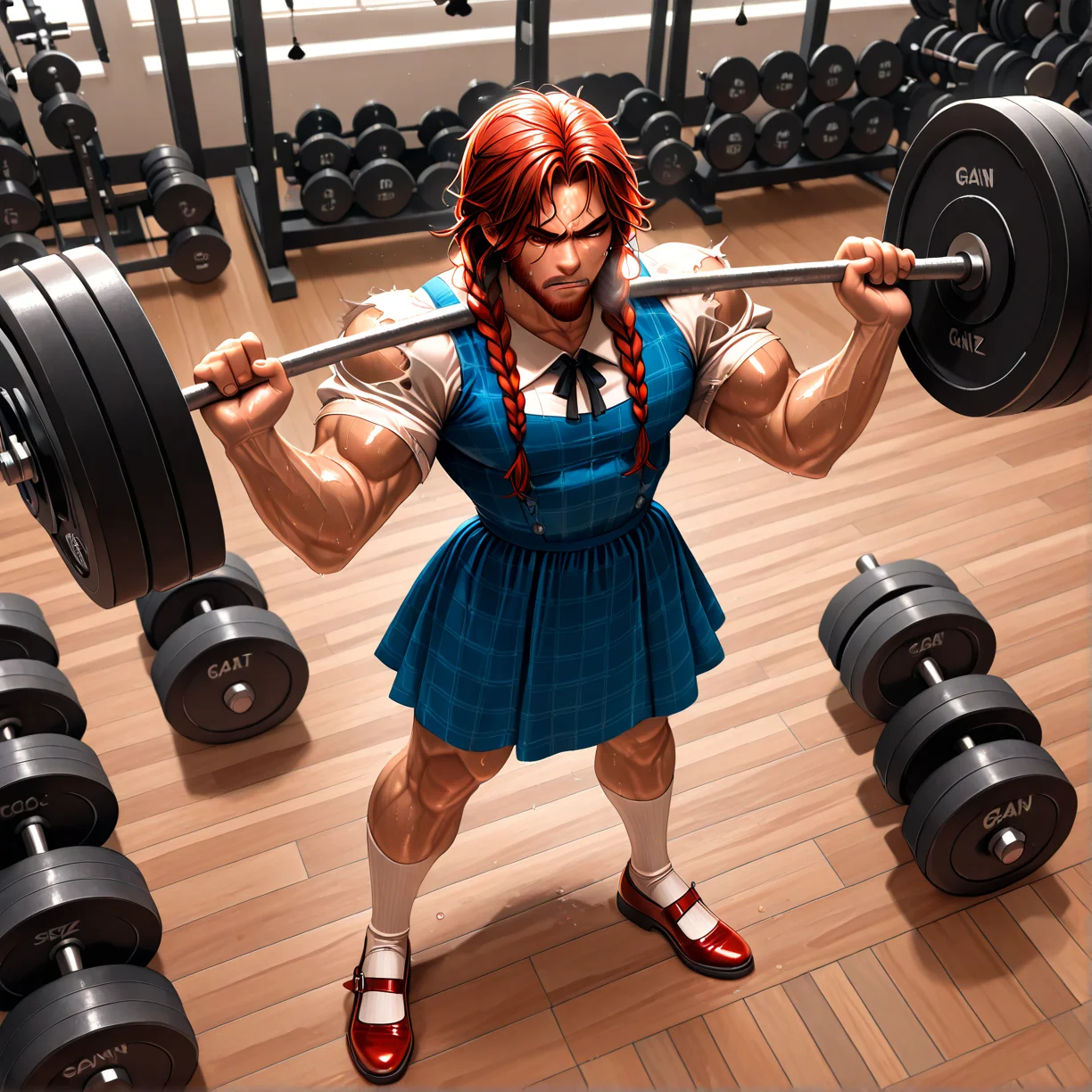 masterpiece, best quality, absurdres,
WSwolethy, scowl, strained, sweating, breathing_heavy, brown_beard, weightlifting, holding barbell,
gainz socks, gainz shoes, blue dress, gainz shirt, barbell, torn sleeves,
from front, wide shot,
gym, wooden floor, weights,