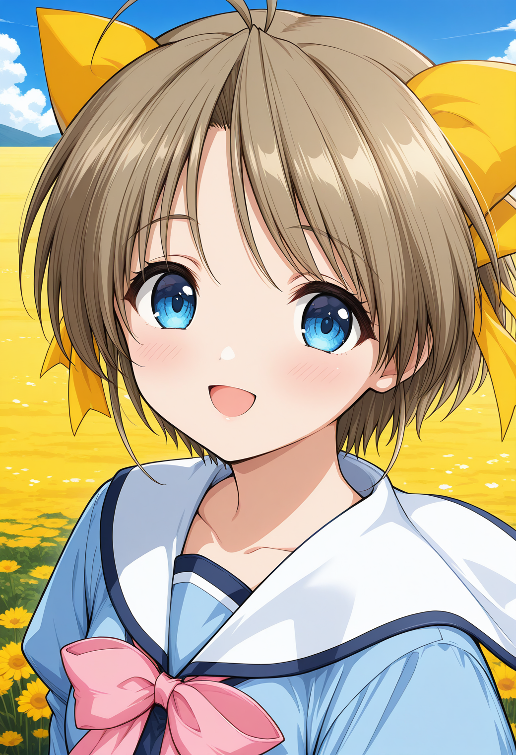 katase_yuki, blue eyes, brown hair, short hair, antenna hair, hair bow, yellow ribbon, pink bowtie, pink bow, school uniform, white sailor collar, blue shirt, long sleeves, puffy sleeves, <lora:katase_yuki_illustrious_ver1:0.8> 
smile,, masterpiece, best quality, general,, 1girl, solo, (field:1.2), (blue sky:1.2), looking at viewer,, (upper body:1.2), (close-up:1.2), (facing viewer:1.2), (open eyes:1.4), (portrait:1.2)