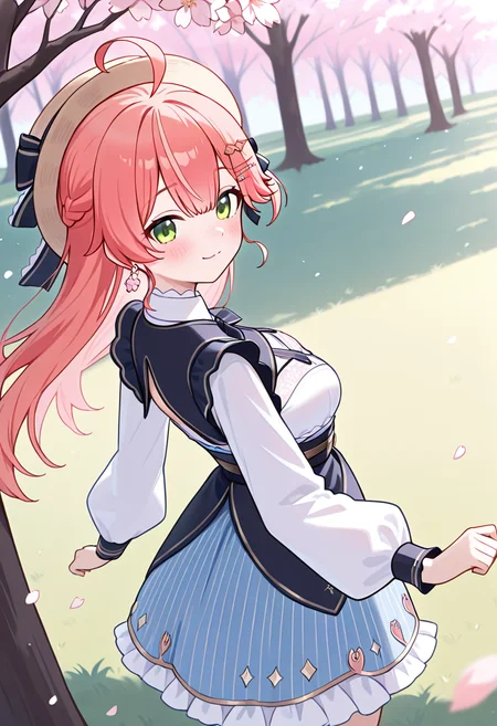 masterpiece,best quality,absurdres,perfect lighting,tree,cherry blossoms,petals,grass,
*//*,<lora:Sakura_Miko-Illustrious:1>,sakumiko_1offset,1girl,solo,sakura miko,virtual youtuber,green eyes,pink hair,long hair,bangs,ahoge,hair ornament,hairclip,cleavage cutout,official alternate costume,alternate costume,long sleeves,dress,layered skirt,white shirt,striped skirt,blue skirt,frilled skirt,hat,boots,black footwear,earrings,jewelry,
*//*,looking back,cowboy shot,light smile,from behind,