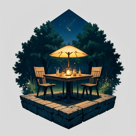 otherworldly, hexagonal composition, glass jar, wooden table, fireflies, night, outdoors, simple background <lora:hexagon_composition_03:0.6>