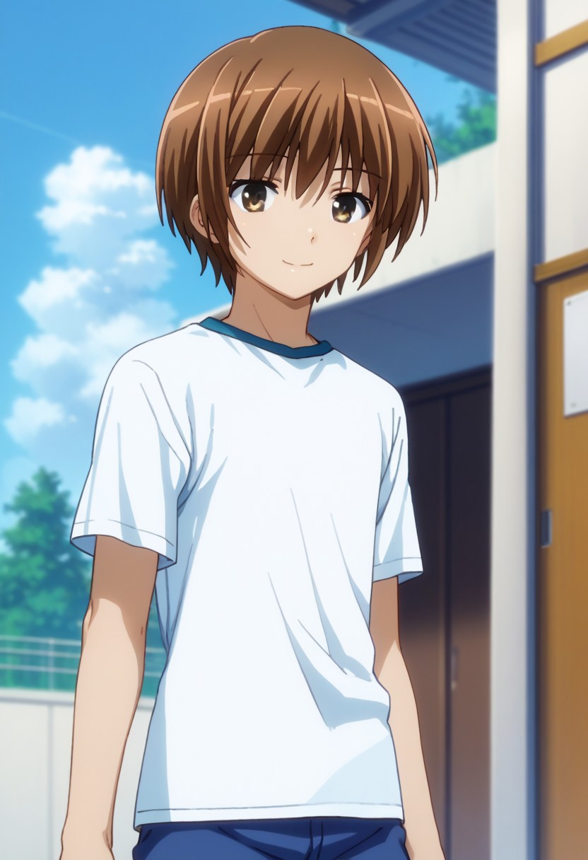 score_9, score_7_up, source_anime 
subaruhasegawa, 1boy, male focus, solo, brown eyes, brown hair, gym uniform, shirt, white shirt, t-shirt, short sleeves, shorts, blue shorts, smile, 
outdoor, sky,