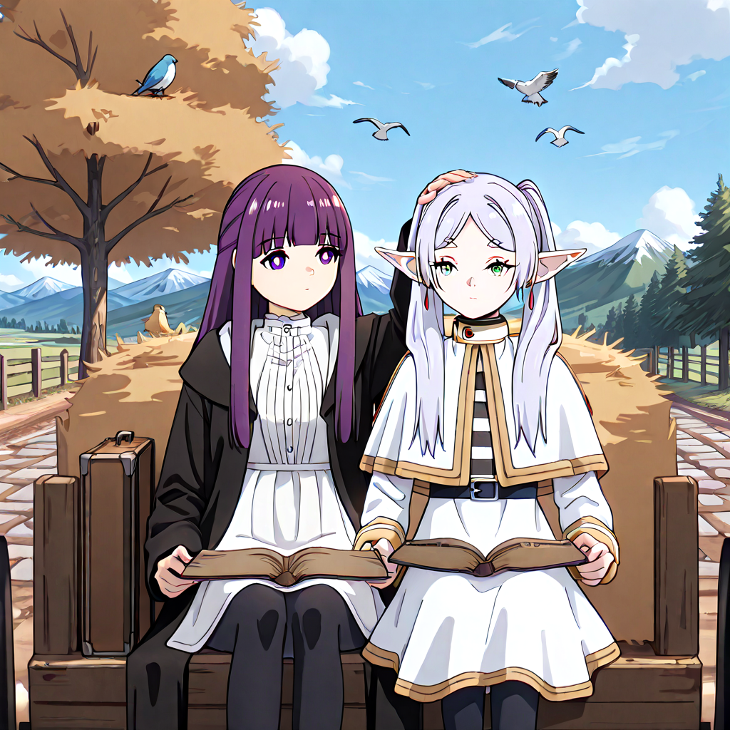 absurdres, sensitive, 2girls, frieren, fern, sitting, hay cart, hay, wagon, elf, grey hair, twintails, capelet, black pantyhose, purple hair, long hair, straight hair, white dress, long sleeves, robe, open book, holding book, suitcase, sky, cloud, tree, rural, fence, mountain, stone road, hand on another's head, headpat, bird, upper body, close-up,  <lora:haycart_ilxl:1>