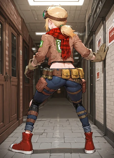 masterpiece, best quality, hyper-Detailed,
uw_cady, 1girl, solo, blonde hair, low ponytail, green eyes, medium breasts, navel,
goggles on head, plaster on face, red scarf, plaid scarf, brown jacket, leather jacket, open jacket, white crop top, brown gloves, belt, pouch, jeans, torn jeans, knee pad, red footwear, red shoes,
, contrapposto, hallway, standing, full body, from behind, back view,