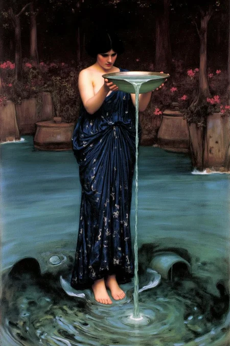 jwwaterhouse1 painting.
A woman, Circle. with short dark hair, standing in a shallow pool of water. She is holding a bowl. and pouring the water into the pool. She is wearing a flowing, deep blue gown with intricate folds <lora:jwwaterhouse1_cap_d6a3e11:1.0><lora:829533913727862584:0>