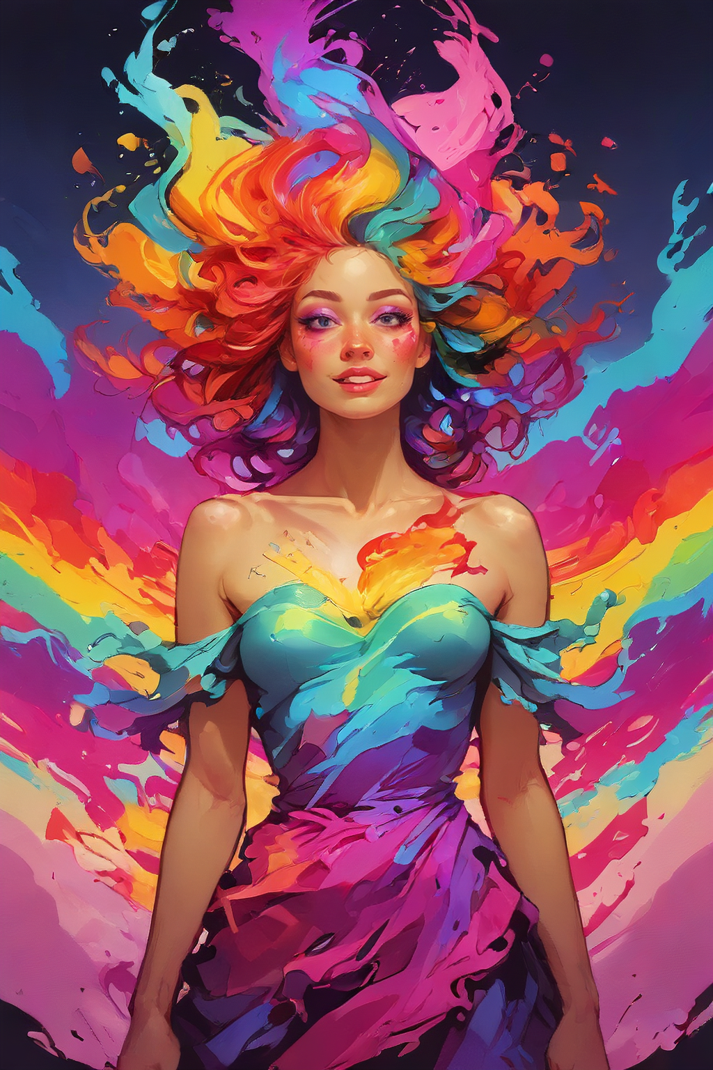 score_9,score_8_up,score_7_up,score_6_up,score_5_up,score_4_up,<lora:Turbo_XL:1>,<lora:Rainbow_Tornado:1>,rainbow tornado,rainbow hair,multicolored hair,colorful,radiant smile,happy face,makeup,intracate dress,vibrant colors,vaporwave style,<lora:NoctAbstractConcept:1>,abstract,colorful,abstract background,particles,