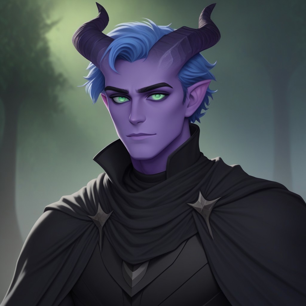 masterpiece, best quality, upper body, solo, 
tiefling, pointed ears, horns, tail, black sclera,
1 male, purple skin, green eyes, blue hair, short hair, curly hair, black cape, black shirt,
looking at the viewer, posing, 
fantasy background, blurred background,