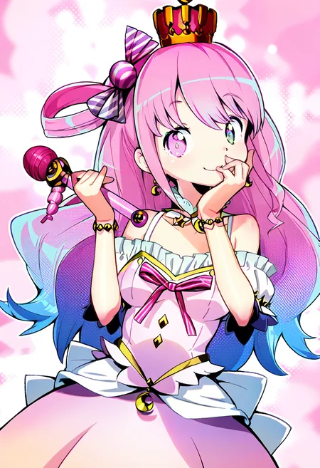 1girl, solo, pink hair, heterochromia, himemori luna, virtual youtuber, long hair, crown, smile, single hair ring, hair ornament, dress, jewelry, hair rings, candy hair ornament, food-themed hair ornament, green eyes, looking at viewer, multicolored hair, purple eyes, gradient hair, bracelet, pink dress, holding, earrings, breasts, one side up, princess, crescent, bangs, closed mouth, pink eyes <lora:gyokaiXL_NBVP1_lokr_V6311PZ:0.95>