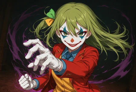 detailed, high_quality, source_anime, best quality, masterpiece, high detail, best quality rendering, intricate details, high resolution, sharp focus, best render quality, epic style, dynamic pose, dynamic angle, action, motion blur, fast moves, motion lines, sharp, rough sketch, G0thicL1nes, addmicrodetails,
highres, 8K, HDR,absurdres, evil smile, dark aura, dynamic pose, intense lighting, detailed background, depth of field, dynamic composition, foreshortening, detailed background, dynamic pose, dynamic composition, dutch angle, detailed backgroud, foreshortening, holds out his hand to the viewer, dim light, dimly light, night, dark, detailed magic,
evil smile, upper body, gloves, necklace, seducing gestures, (looking at viewer:1.2),
YaroslavKorneplod, 1 girl, green hair, green and yelloy ribbons, ribbons on the left, clown makeup, necktie, red blazer, gold trim, yellow vest, blue shirt, formal attire, layered clothing