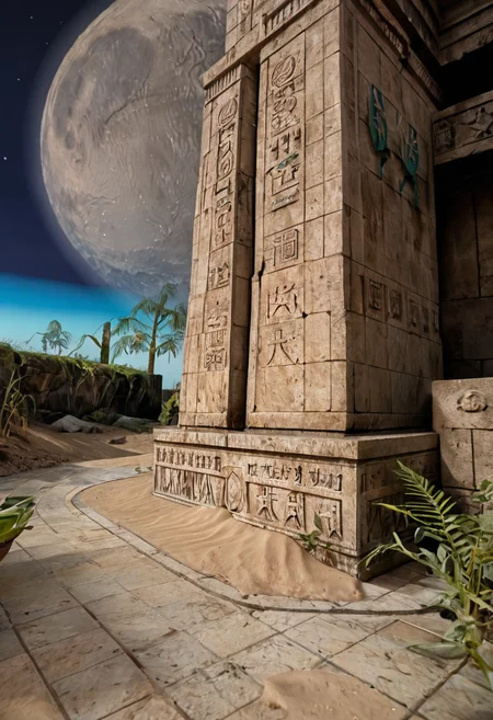 score_9, score_8_up, score_7_up, BREAK, RAW, photo, 8k, very sharp, very detailed, realistic, real, hyper realistic, Photorealistic, real photo, no people, no humans
distant structures, sky, stars, moon, tiles, tomb, sand, plants, obelisk, trees, stone wall,
 <lora:Unreal Tournament 2004 - Facing Worlds - Sun Blade_epoch_12:0.7> facing3worlds,
