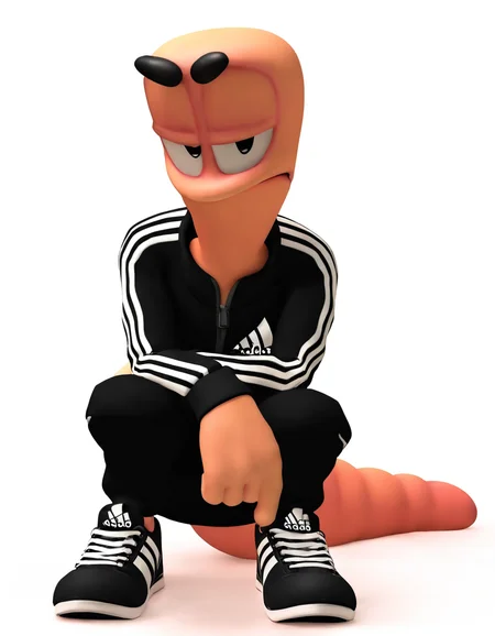 solo, wormsteam17, wormrender, worm, ((anthro, anthrofied, male focus)), fullbody, plantigrade, squatting, slav squatting, gopnik, floating black eyebrows, slim neck, looking at viewer, half-closed eyes, frown, closed mouth, (black tracksuit), adidas, sneakers, black shoes, long big worm tail growing from his behind, simple background, white background, general, 3d, 3d \(artwork\), masterpiece, best quality, very aesthetic, highres, absurdres