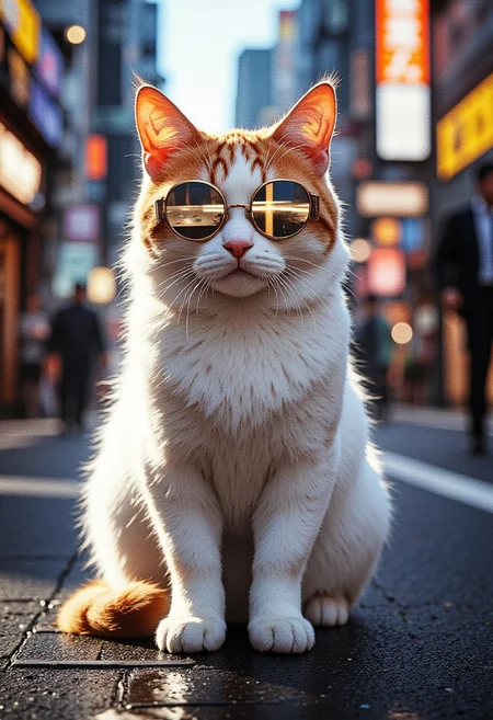 A portrait of a white and orange cat wearing round framed thrid eye sunglasses sitting on a tokyo street. 
Cinematic lighting, volumetric lighting, 8k quality
