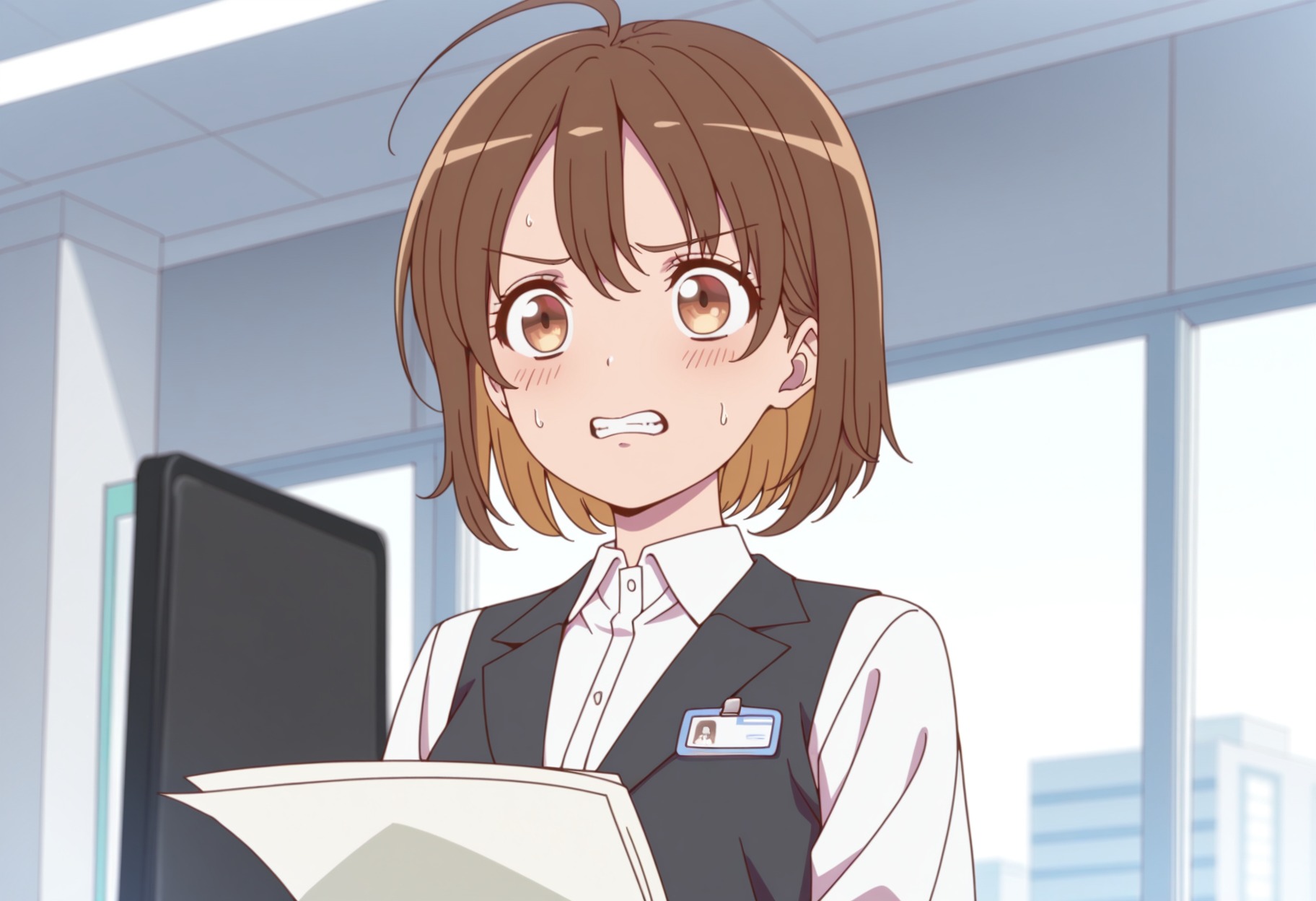 masterpiece, best quality, very aesthetic, anime, detailed background, 1girl,
  <lora:KanataMisora_NaNare:0.85> kanatamisora, brown hair, brown eyes, ahoge, short hair
office lady, office uniform, office, nametag, holding papers, nervous, clenching teeth, vest