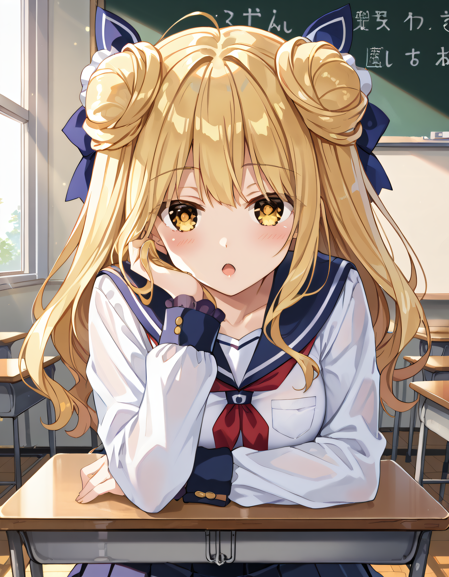Volumetric Lighting, (masterpiece), (best quality), (ultra-detailed), masterpiece, source_anime, score_9, score_8_up, score_7_up BREAK, illustration, disheveled hair, detailed eyes, perfect composition, moist skin, intricate details BREAK, light depth, dramatic atmospheric lighting, Volumetric Lighting, Mukuro, hairstyle3, blonde hair, double bun, yellow eyes BREAK, school uniform, sitting,classroom