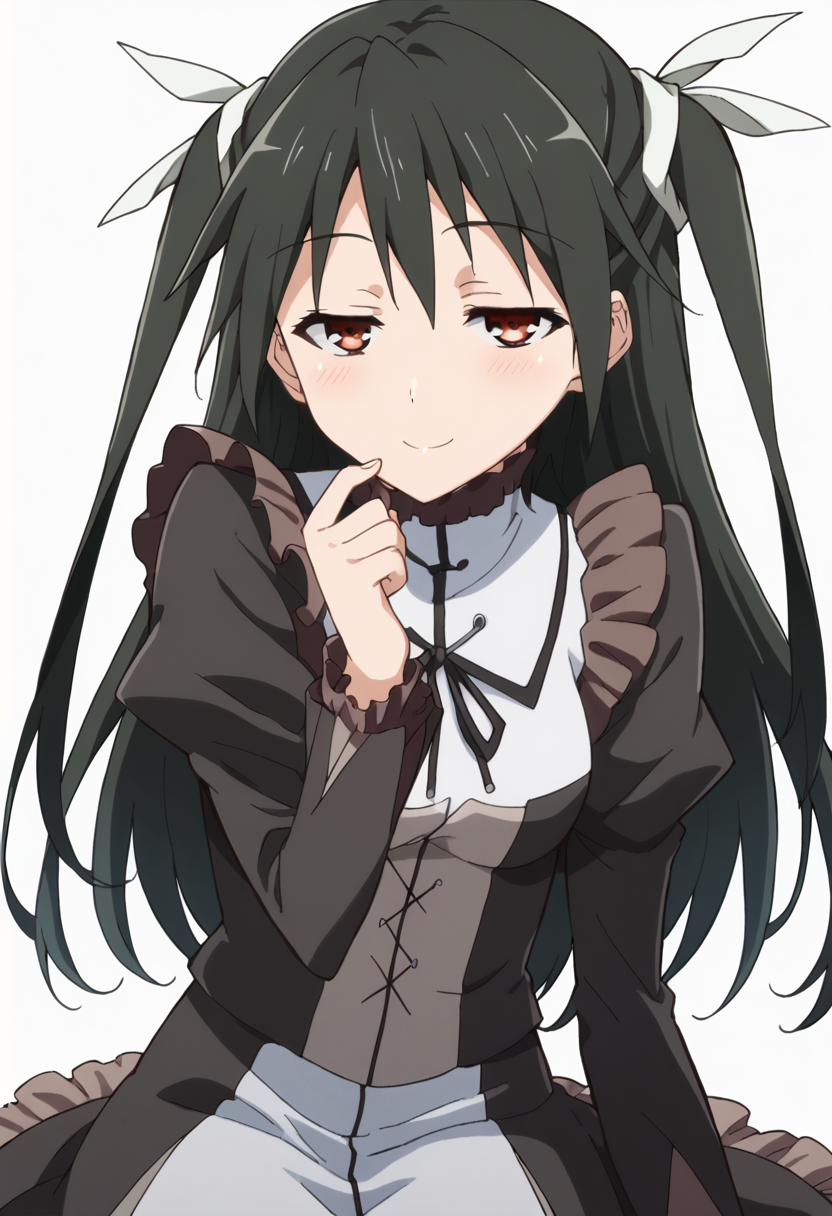 score_9, score_8_up, score_7_up, source_anime, rating_safe,<lora:skanade_PONY-600007:1>  skanade, 1girl, anime coloring, solo, half-closed eyes, solo, two side up, long hair, hair ribbon, dress, blush, smile, hand up, hand on own chin, looking at viewer, sitting, white background,