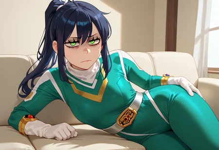 score_9, score_8_up, score_7_up, BREAK,
1girl, solo, sentaisaintforce, green bodysuit, silver belt, white gloves, spandex, m-shaped chest symbol, helmet removed, no headwear, reneegr, black hair, ponytail, sidelocks, long hair, green eyes, jitome, (bags under eyes:1.5), frown, annoyed, tired, looking at viewer, on side, hand on hip, indoors, room, sofa, Expressiveh