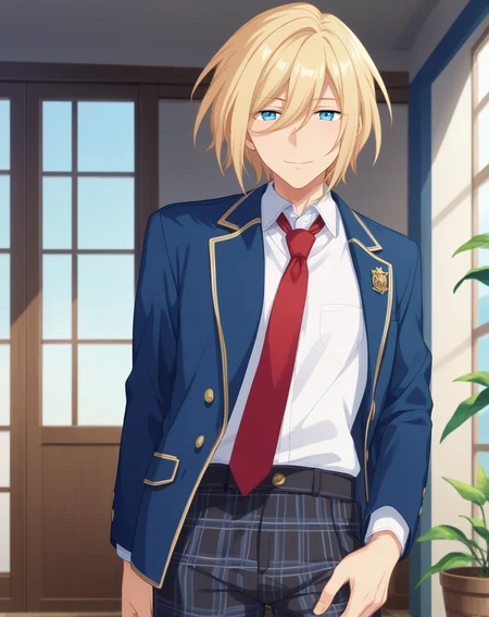 score_9, score_8_up, score_7_up, source_anime, anime screencap, depth of field, rating_safe, BREAK,
1boy, solo, yaoi, male focus, looking at viewer, cowboy shot, facing viewer,
<lora:tenshouin_eichi_pony:1> tenshouin_eichi_pony, blonde hair, blue eyes, medium hair, hair between eyes, bangs,
yumenosaki school uniform, blue jacket, white shirt, collared shirt, red necktie, black pants, plaid pants,
indoors, <lora:age_slider_v4:1.75>